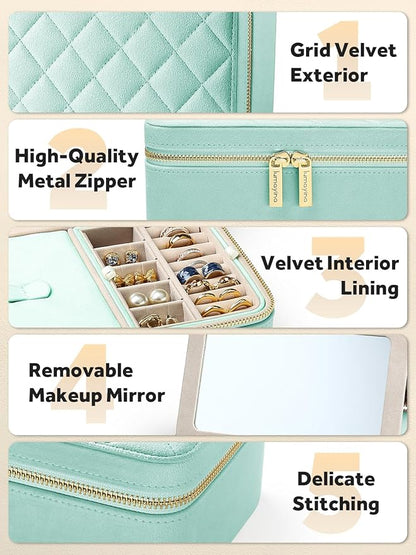 Velvet Travel Jewelry Box with Large Mirror, Double-Layer Jewelry Organizer Case for Women and Girls, Portable Storage Case with 6 Anti-Tarnish Bags Gift Ready for Her (Mint Green)