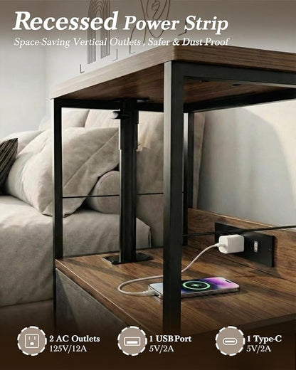Faesun Swivel Lift Top Nightstand with Charging Station, Rolling Night Stand with Fabric Drawer, Adjustable Bedside Table for Bedroom, Living Room, Walnut Gray, Pro