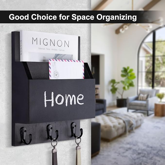 Key and Mail Holder for Wall Mount, Entryway Mail Holder with 2 Slot, Key Holder with 3 Sturdy Hooks for Coat, Dog Leash, Decorative Key Rack (8.86”W x 11.42”H x 3”D) (Black)