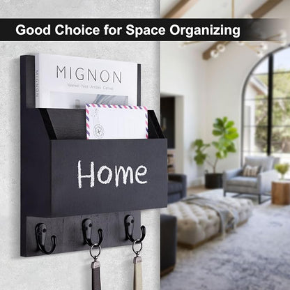 Key and Mail Holder for Wall Mount, Entryway Mail Holder with 2 Slot, Key Holder with 3 Sturdy Hooks for Coat, Dog Leash, Decorative Key Rack (8.86”W x 11.42”H x 3”D) (Black)