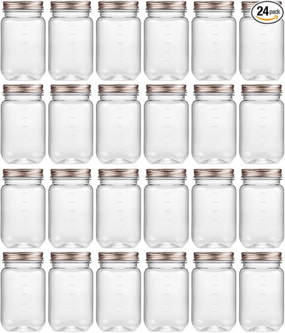 novelinks 16 oz Clear Plastic Jars with Lids, Refillable 16oz Mason Jars with Lids & Storage Containers for Kitchen & Household Use (24 Pack,Rose Gold)