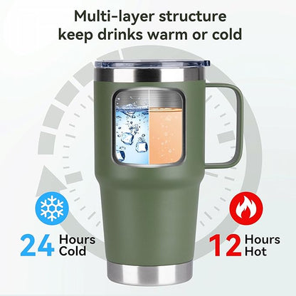 20oz Tumbler with Lid, Stainless Steel Tumbler with Handle, Metal Insulated Travel Coffee Mug with Handle, Double Wall Vacuum Spill Proof Tumbler Cup, Amy Green 1 Pack