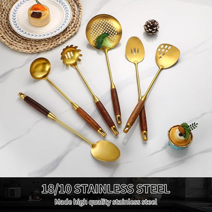 18/10 Stainless Steel Kitchen Utensils Set with Wood Handle Metal Cooking Utensils Set, 6-Piece - Spatula, Spoon, Ladle, Skimmer, Slotted Spoon, Pasta