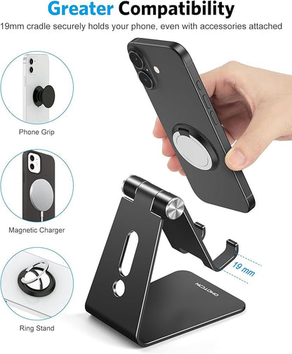 OMOTON Adjustable Cell Phone Stand, C2 Aluminum Desktop Phone Holder Dock Compatible with iPhone 15 14 13 Xs XR 8 Plus 7 6, Samsung Galaxy, Google Pixel, Android Phones, Black