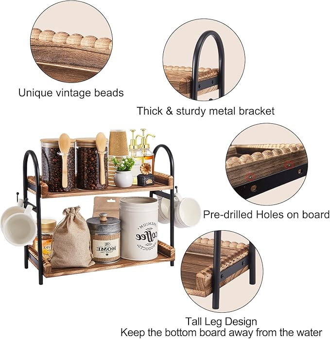 BDBDYEAY Coffee Bar Accessories, 2-Tier Coffee Bar Organizer with 4 Coffee Cup Holder Hooks, Mul-tifunctional Wooden Beaded Coffee Station Countertop Stand Shelf for Kitchen Home Office