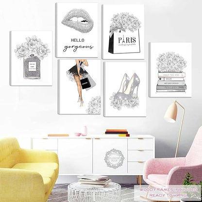 Glam Gray Fashion Wall Decor, FRAMED Woman Makeup Room Wall Art, Fashion Silver Girly Beauty Room Picture Wall Decor for Office Bedroom Bathroom, Watercolor Perfume Handbags High Heels Lipstick Wall Paintings, Ready to Hang (Set of 6, 12x16 in, Framed)