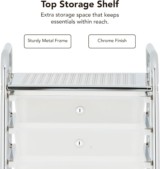 Display By Jack Rolling Storage Cart 10 Drawer Organizer with White Drawers, Slim 36" Chrome Frame, Locking Wheels, and Top Shelf for Office, Classroom, Bathroom, or Craft Storage
