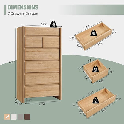 Modern 7 Drawers Dresser for Bedroom, 54.7" Tall Large Dresser & Chests of Drawers w/Rounded Corner, Wood Handleless Organizer Dresser w/Natural Texture for Bedroom, Living Room-Natural