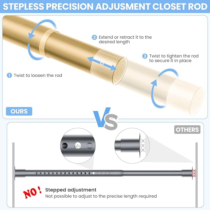 Closet Rods for Hanging Clothes, 17 to 69 Inch Heavy Duty Stepless Adjustable Closet Hanging Rod, 1.3 Inch Diameter Metal Closet Rod for Wardrobes Laundry Bedroom RV, Gold