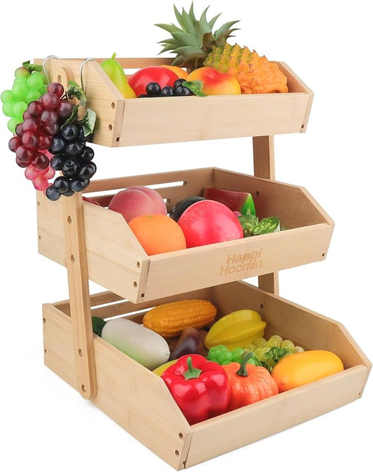 Happi Hoomin 3-Tier Bamboo Fruit Basket for Kitchen Counter – Large Produce Basket Organizer, Wooden Fruit Stand with Deep Ventilated Baskets for Fruits, Vegetables & Snacks