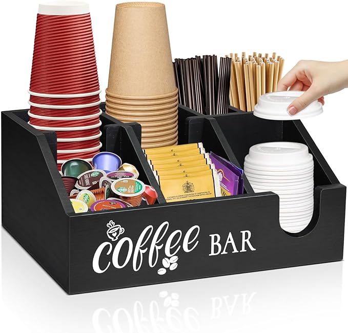 Coffee Station Organizer, Coffee Cup Holder for Counter, Wood Coffee Pod Holder Storage Basket, Tea Condiment Organizer for K Cup Sugar, Rustic Coffee Bar Decor for Coffee Accessories