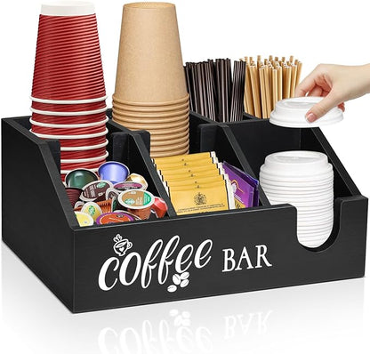 Coffee Station Organizer, Coffee Cup Holder for Counter, Wood Coffee Pod Holder Storage Basket, Tea Condiment Organizer for K Cup Sugar, Rustic Coffee Bar Decor for Coffee Accessories
