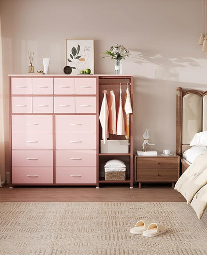 GarveeHome Dresser with 16 Drawers & Hanging Rod & Shelves, Fabric Storage Organizer for Bedroom, Closet, or Entryway