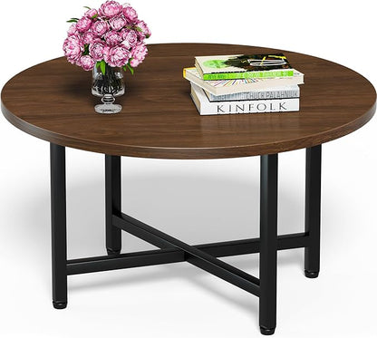 FAMIDGE Coffee Table, 23.6" Coffee Tables for Living Room, Round Coffee Table with Metal Frame, Floor Table for Sitting on The Floor, Home, Office, Dark Walnut