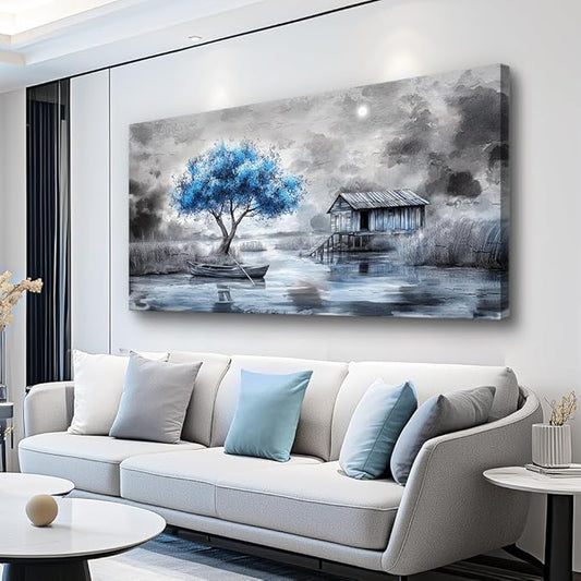 QIYILEXWART Large Wall Decor For Living Room Stretched And Framed Canvas Wall Art For Office Wall Decorations For Bedroom The Blue Tree Paintings The Hut Picture Artwork Home Decor Ready To Hang