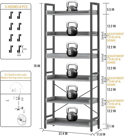 HCHQHS 6 Tier Bookshelf, Adjustable Industrial Bookcase, Vertical Tall Book Shelf, Wood and Black Metal Open Bookshelves for Home Office, Living Room, Bedroom