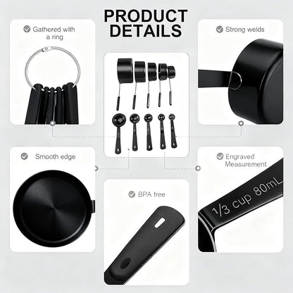 Measuring Cups and Spoons Set, Titanium-Plated Matte Black Stainless Steel 10 Piece for Cooking and Baking (5 Cups + 5 Spoons All Black)