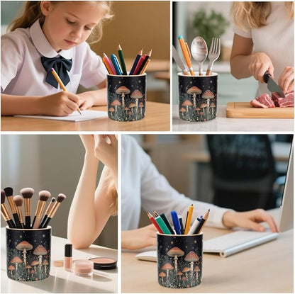 WAVEYU Pen Holder, Pencil Cup for Desk, Cute Makeup Brush Holder, Durable Ceramic Organizer Decor for Room, Office, Classroom, Cute Mushroom Pattern