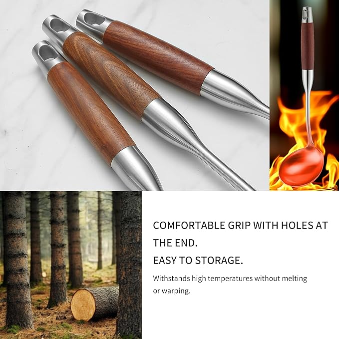 Stainless Steel Kitchen Utensils Set with Wood Handle, 18/10 Metal Cooking Utensils Set, 6-Piece - Spatula, Spoon, Ladle, Skimmer, Slotted Spoon, Pasta