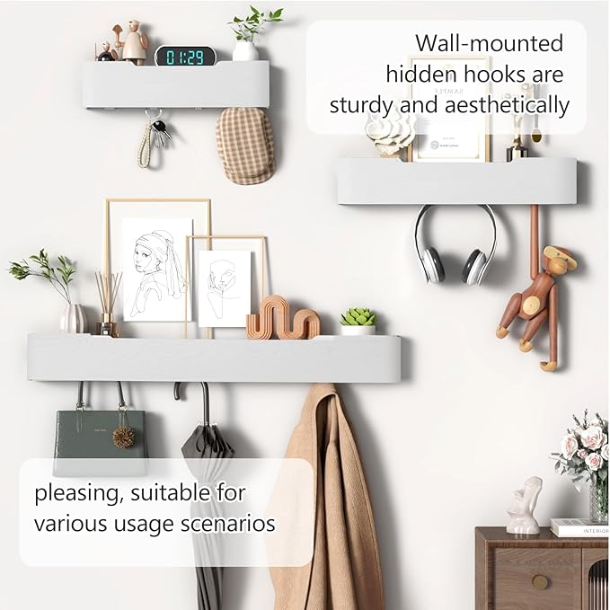 Coat Rack Wall Mount with Shelf 4 Hidden Hooks Modern Wooden Key Holder Entryway Organizer for Hallway Bedroom Bathroom Home Decor Storage for Hanging Coats Hats Bags Towels, White