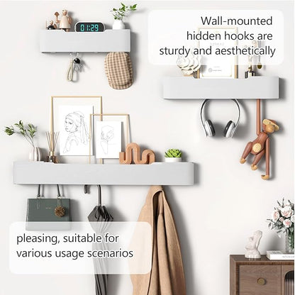Coat Rack Wall Mount with Shelf 4 Hidden Hooks Modern Wooden Key Holder Entryway Organizer for Hallway Bedroom Bathroom Home Decor Storage for Hanging Coats Hats Bags Towels, White