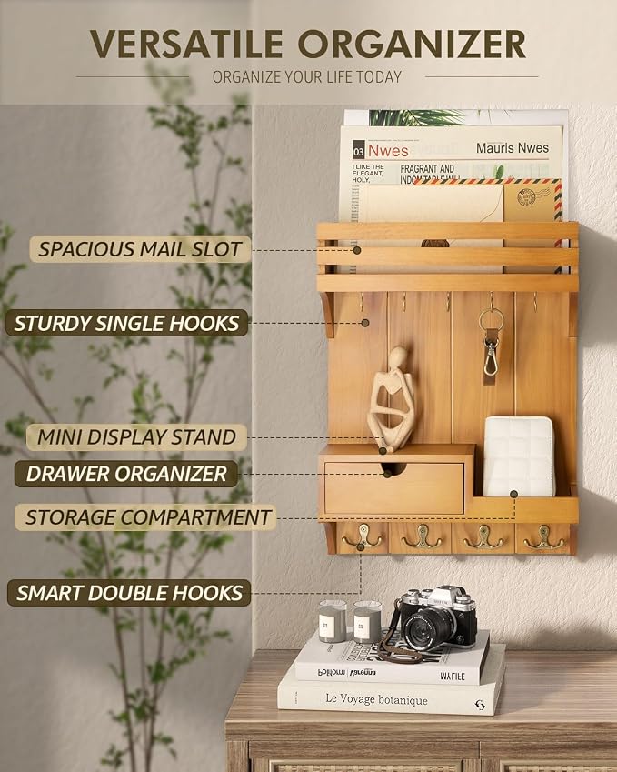 Rebee Vision Farmhouse Key Holder Wall Mount with Mini Drawer Organizer – Mail Organizer with 9 Key Hooks – Ideal Home Decor for Entryway, Hallway, and Bedroom (Light Brown)