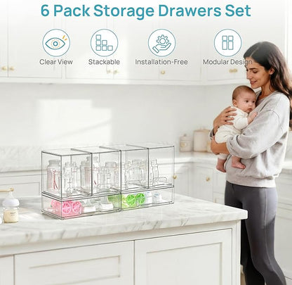 Vtopmart 6 Pack Baby Bottle Organizer Set, Stackable Storage Drawers Ideal for Kichen Countertop, Vanity, Bathroom, Cabinet, Pantry Organization