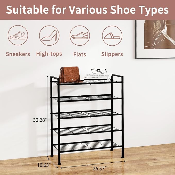 5-Tier Shoe Rack,Metal Simple Shoe Storage Organizer Utility Shelf for Closet,Entryway, Bedroom,Small Spaces (Black, 5 Tier)