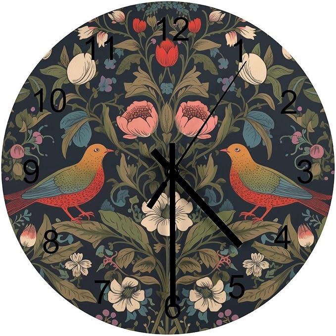 William Morris Wall Clock, Vintage Art Rustic Floral Botanical Bird Round Clocks Wall Decor Silent No Ticking 12 Inch Wooden Clock for Bedroom Living Room Home Office