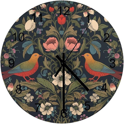 William Morris Wall Clock, Vintage Art Rustic Floral Botanical Bird Round Clocks Wall Decor Silent No Ticking 12 Inch Wooden Clock for Bedroom Living Room Home Office