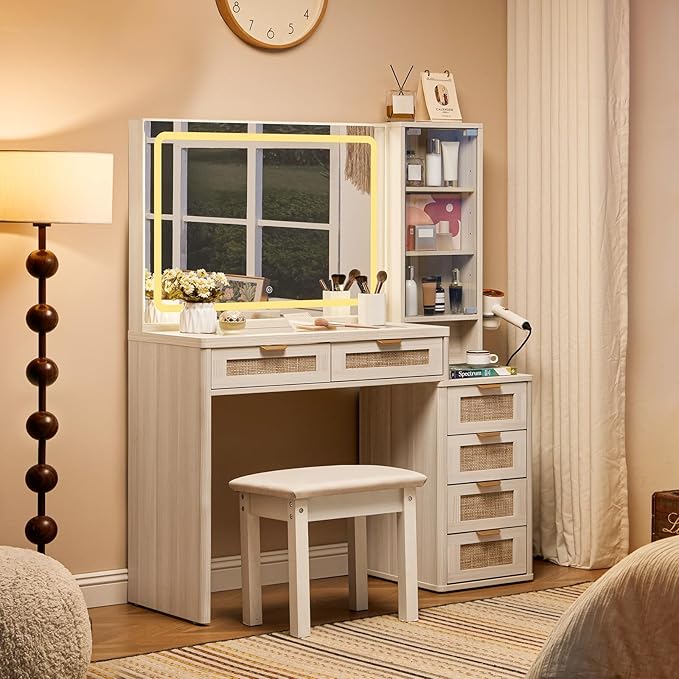 LEYAOYAO White Vanity Desk with Mirror and Lights, 43.5'' Makeup Vanity Set with Stool 6 Drawers and Adjustable Shelves, Rattan Wood Make Up Vanity with Glass Top and Power Outlet for Bedroom