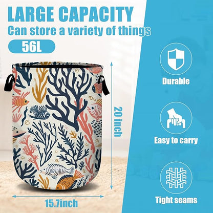 Corals and Tropical Fish Laundry Basket, Laundry Hamper Collapsible Oxford Cloth with Handle Clothes Toy Storage Bin for Bathroom Laundry Room Bedroom 15.7 X 20 Inch