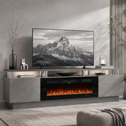 70" TV Stand for Living Room, Entertainment Center with Storage Cabinet, Fits TVs up to 80", Modern Media Console with Shelves, 36" Electric Fireplace (Grey+Black)