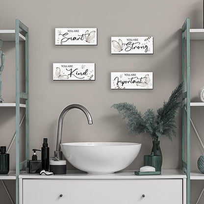 DONFENTHY 4 Pcs Butterfly Wall Decor Black Room Decor Wooden Positive Butterfly Decor with Inspirational Word Black White Grey for Women Room Bathroom Bedroom Office(Black,10x4 In)