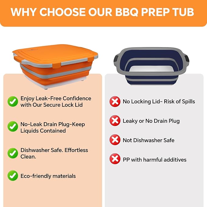 Collapsible BBQ Prep Tub for Meal Prep, Marinating, and Food Storage - Includes Cutting Board and Locking Lid,Ideal Gifts for Christmas,Dad,mother (X-Large) Orange