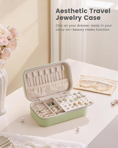 Lolalet Travel Jewelry Case for Women Girls, Travel Jewelry Organizer with Clear Storage Bag Small Portable Jewelry Box for Necklace Bracelet Earring Ring Valentines Bridesmaid Gifts -Medium/Green