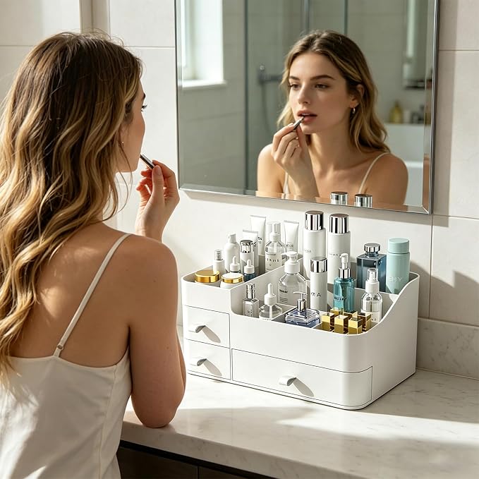 Makeup Organizer with Drawers, Bathroom Counter Organizer, Plastic Cosmetic Display Case, Large Skincare Storage for Vanity Countertop, Ideal for Bedroom Dresser top and Desktop