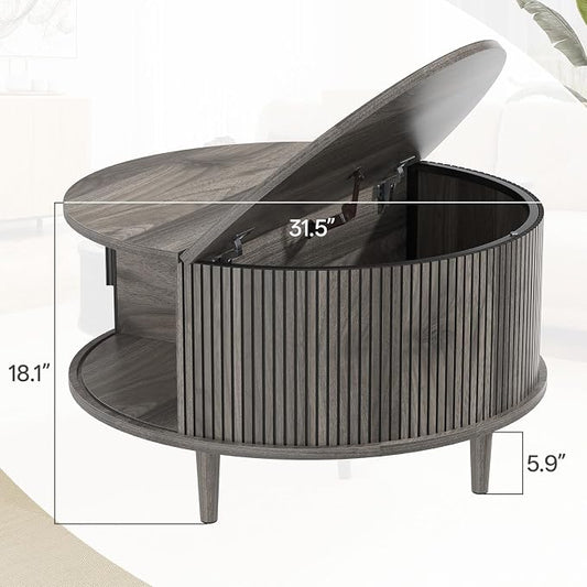 Round Coffee Table with Storage, Mid Century Modern Coffee Table, Fluted Dining Table with Sliding Door, Circle Coffee Table for Living Room Home Office, 31.5", Gray