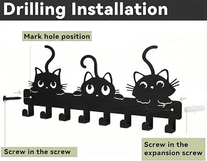Key Hooks Holder for Wall Mounted with 8 Hooks, Black Cute Cat Key Hanger Rack Wall Decorative for Home, with Mounting Hardware, Dog Leash Holder, Entryway, Hallway, Office Ready to Hang