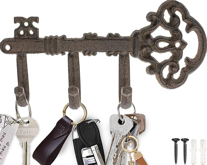 Comfify Decorative Skeleton Key Hook – Wall Mounted Cast Iron with 3 Hooks – Vintage Rustic Style – 7.7" x 4.5" – Includes Screws and Anchors