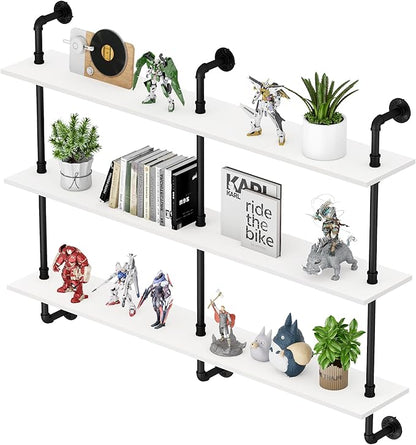 3-Tier Industrial Pipe Floating Shelf – Rustic 60 inch Wood Wall-Mounted Storage Shelf for Kitchen Office,Bathroom & Home Decor -White