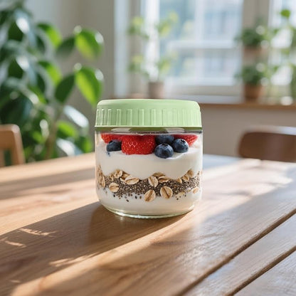 SHOWIN Overnight Oats Containers with Lids, 10oz Glass Jars with Lids 2 pcs, Light Green, Wide Mouth Mason jars for Salad, Yogurt, Snacks, Meal Prep