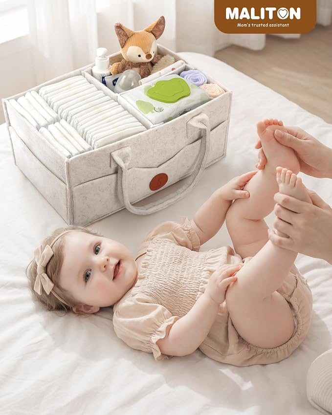 Maliton Baby Diaper Caddy, Nursery Storage Bin & Car Organizer with Handle, Large Felt Bag for Newborn essentials Boy or Girl, Changing Table Organizer for Baby Stuff, 15" x 9" x 7" Baby Shower Basket