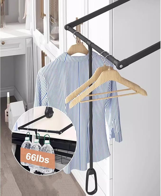 Pull Down Closet Rod for Hanging Clothes, Wardrobe Lift Rail Aluminum Alloy Organizer, Side Mounted Closet Rod for Kitchen Bedroom High Cabinets, 66 lbs Load Capacity (Black, 33.4"-45.3")