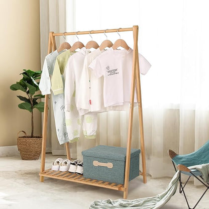 Small Clothes Rack Kids Dress Up Storage for Playroom, Toddlers Bedroom, Bamboo Child Garment Rack with Storage Shelf, Kids Clothing Rack Costumes Organizer