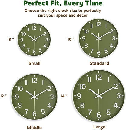 Wall Clock, Battery Operated, Modern Minimalist Design for Living Room, Office, Kitchen, Bedroom, and Bathroom – Quiet, Stylish, and Perfect for Any Room (Olive Green, 14 Inch)