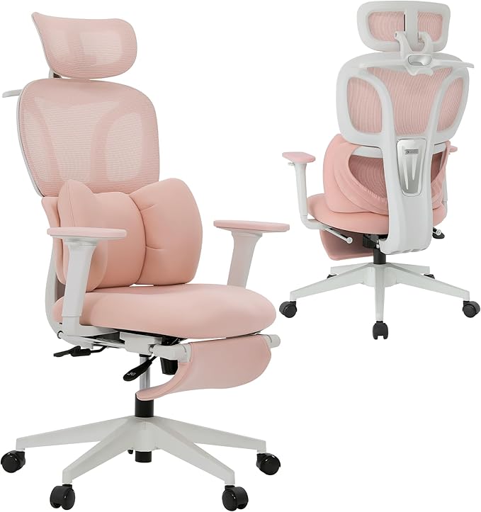 CabLady S1 Petite Ergonomic Office Chair Design with Detachable Pillow Lumbar Cushion, Coat Hanger, 2D Headrest & PU Armrests, Cloud Seat & Footrest Cute Desk Chair for Women Girls