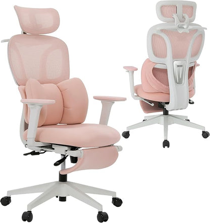 CabLady S1 Petite Ergonomic Office Chair Design with Detachable Pillow Lumbar Cushion, Coat Hanger, 2D Headrest & PU Armrests, Cloud Seat & Footrest Cute Desk Chair for Women Girls