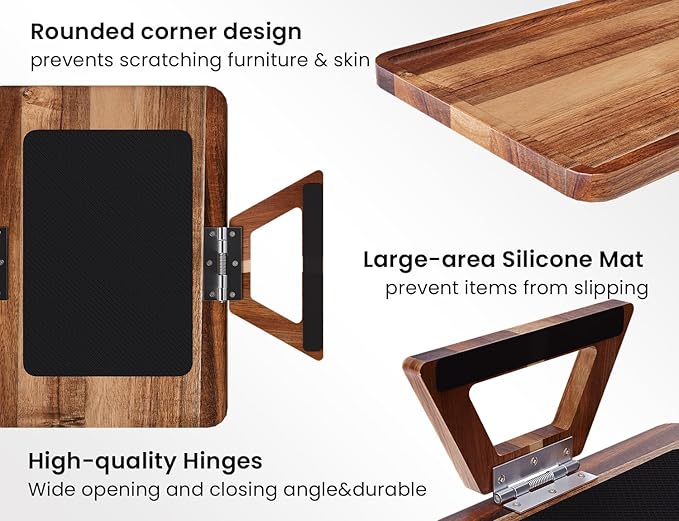 2 Pack Acacia Wood Couch Arm Tray,Couch Tray,Folding Sofa Armrest Trays,Couch Arm Table Clip-On Couch Desk for Drinks,Snacks,Phone,Remote Control