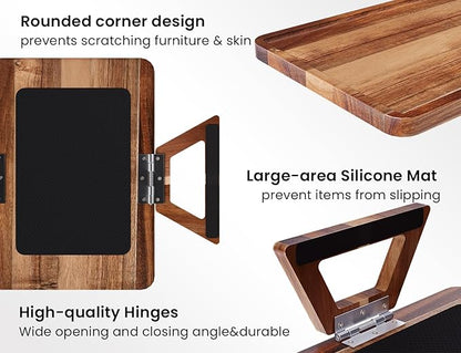 2 Pack Acacia Wood Couch Arm Tray,Couch Tray,Folding Sofa Armrest Trays,Couch Arm Table Clip-On Couch Desk for Drinks,Snacks,Phone,Remote Control